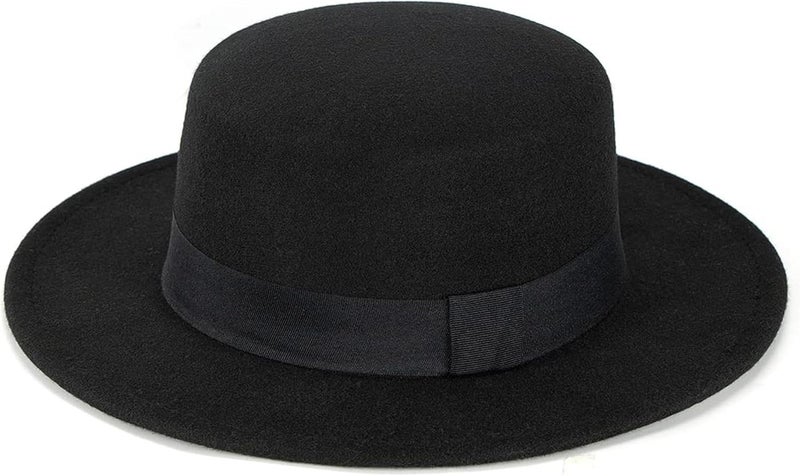 Mawjom Wide-Brim-Felt-Panama-Fedora-Hat with Flat-Top-Pork-Pie Cap for Women Men (Size:M) - Image 5
